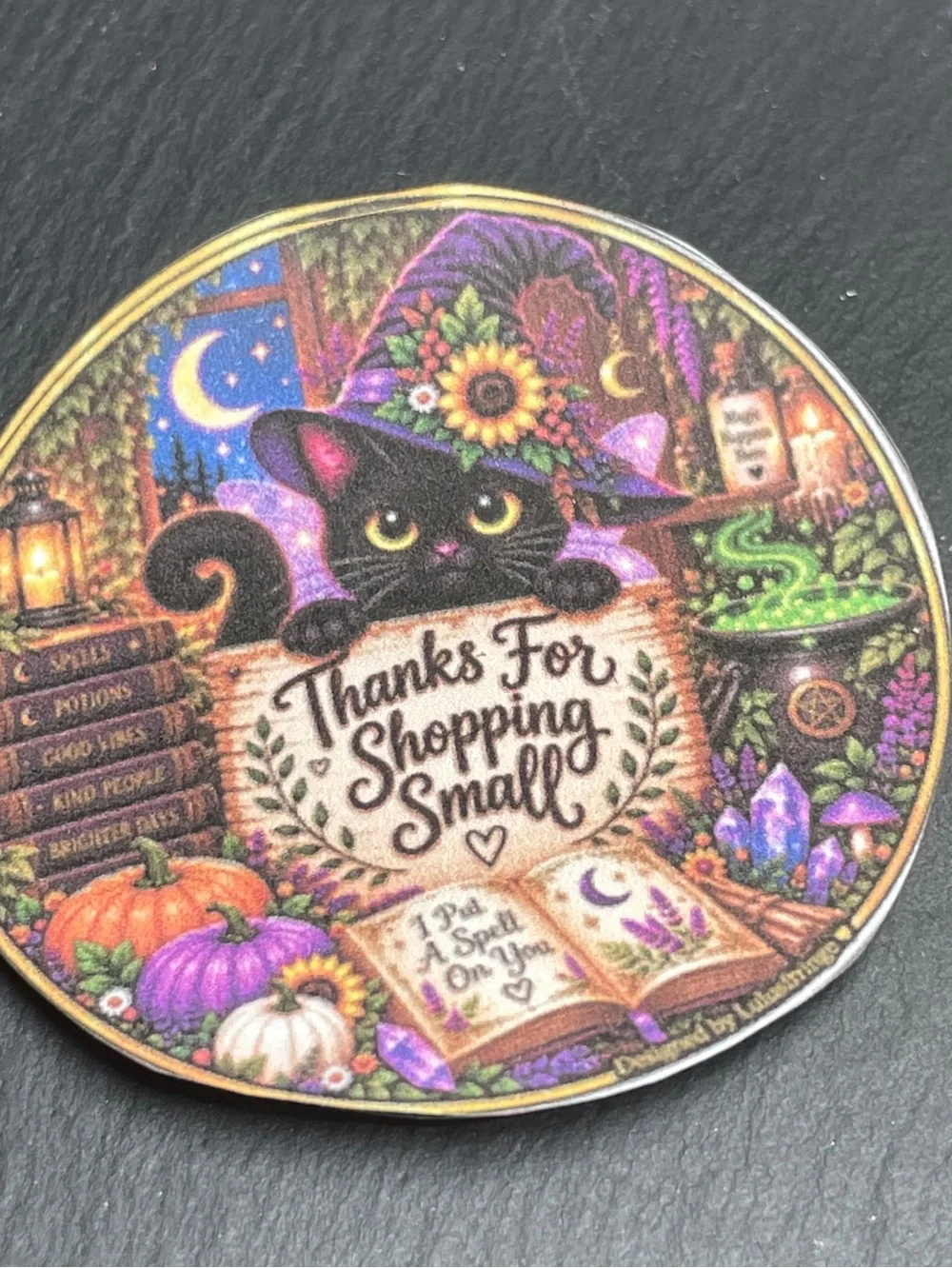 48/$25 Artisan Halloween Black Cat 2” Round Thank You Stickers | Small Business